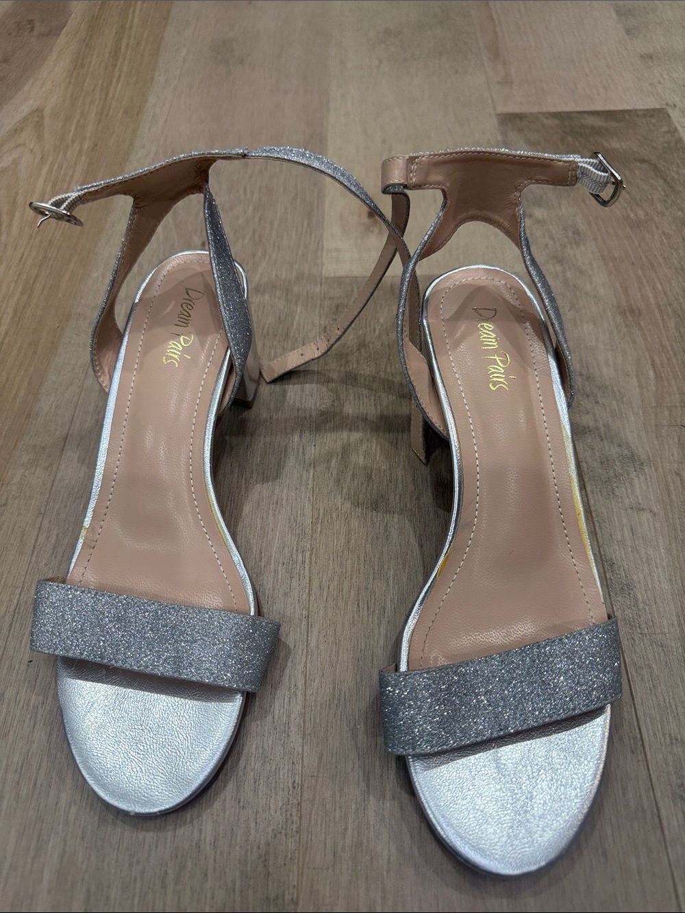 Dream Pairs Silver Glitter Ankle-Strap Block Heels